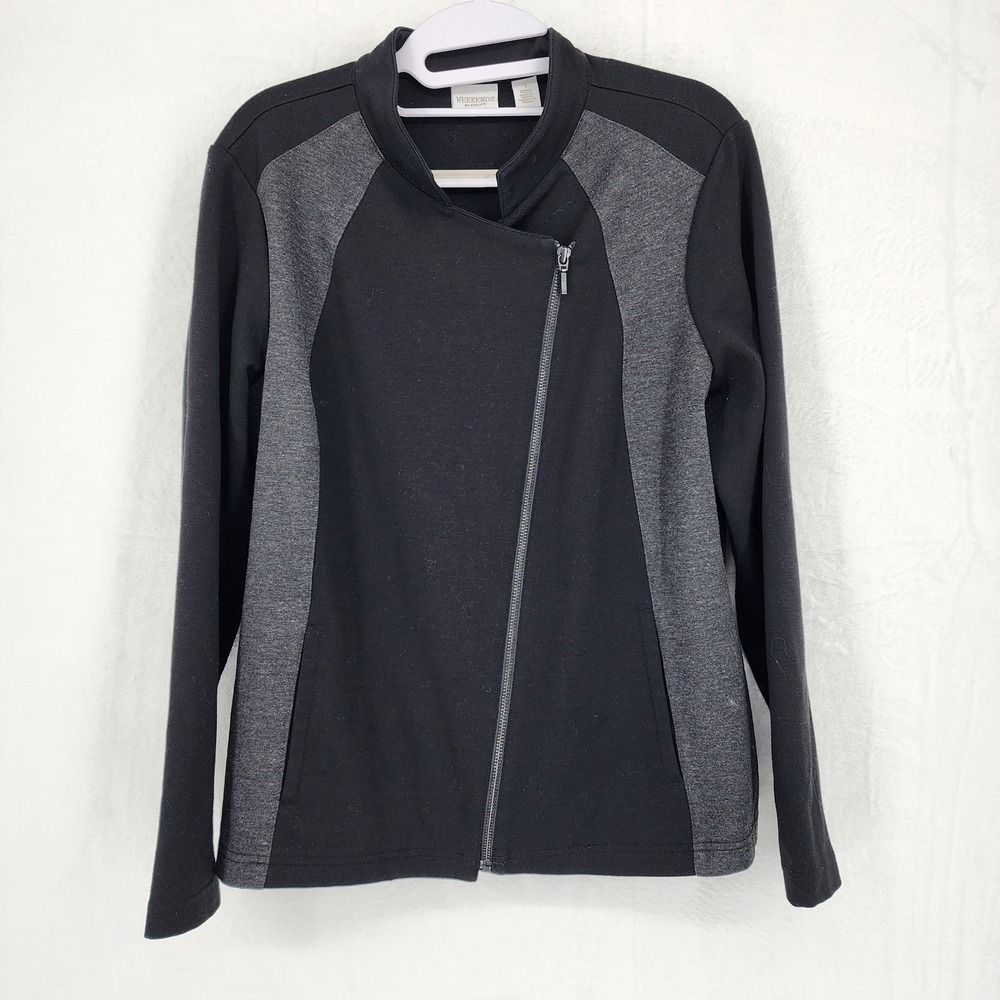 Weekends by Chico's Moto Jacket Size 1 Black Gray Asymmetrical Zip Sweatshirt